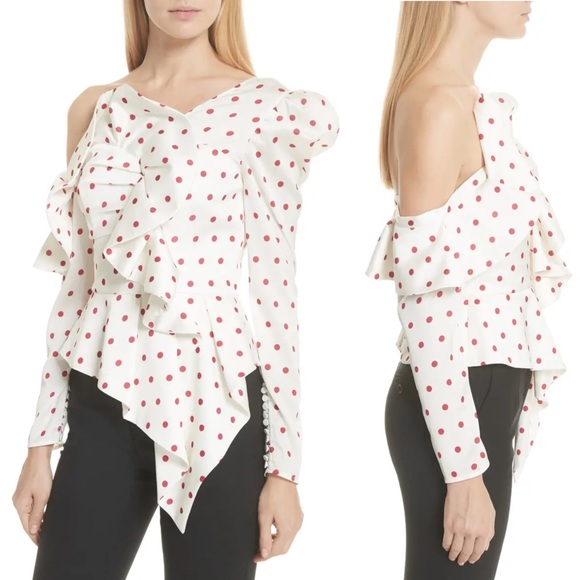 Self-Portrait Tops - Polka Dot Ruffle One-Shoulder Satin Top